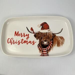Robert Stanley Christmas Platter Highland Cow Santa Hat Cardinal Red Scarf 14"